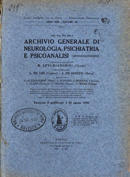 Archivio generale di neurologia, psichiatria e psicoanalisi