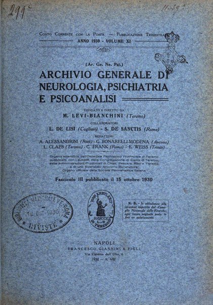 Archivio generale di neurologia, psichiatria e psicoanalisi