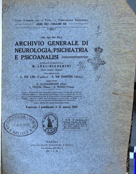 Archivio generale di neurologia, psichiatria e psicoanalisi