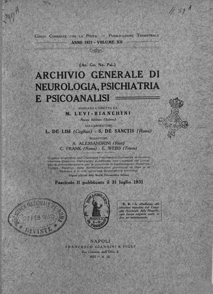 Archivio generale di neurologia, psichiatria e psicoanalisi