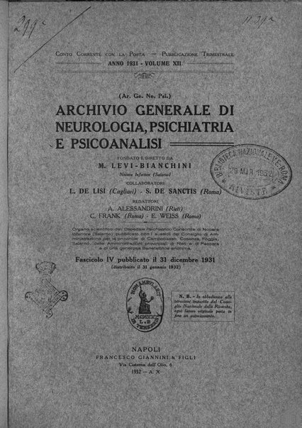 Archivio generale di neurologia, psichiatria e psicoanalisi