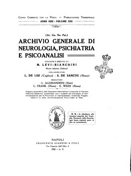 Archivio generale di neurologia, psichiatria e psicoanalisi