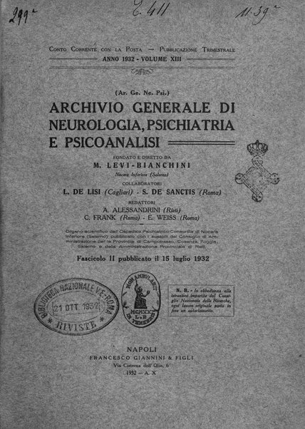 Archivio generale di neurologia, psichiatria e psicoanalisi