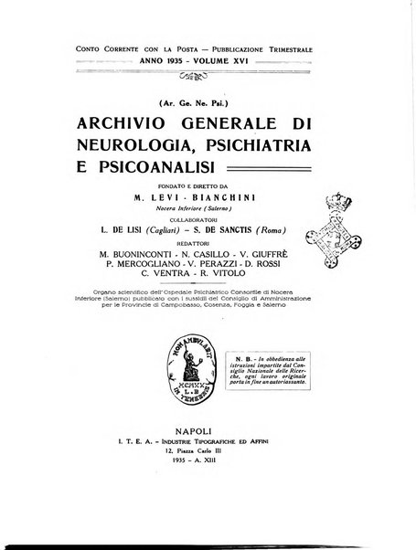 Archivio generale di neurologia, psichiatria e psicoanalisi