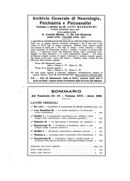 Archivio generale di neurologia, psichiatria e psicoanalisi