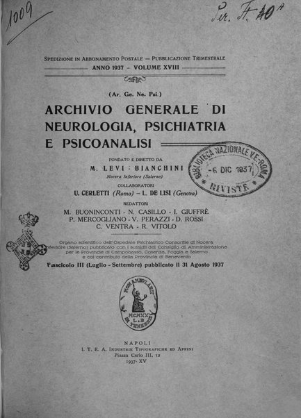 Archivio generale di neurologia, psichiatria e psicoanalisi