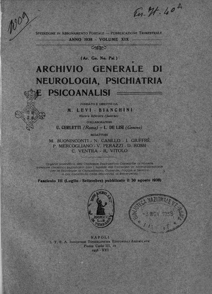 Archivio generale di neurologia, psichiatria e psicoanalisi