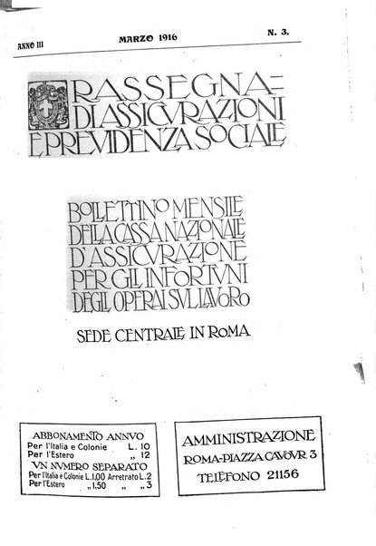 Rassegna di assicurazioni e previdenza sociale bollettino mensile della Cassa nazionale d'assicurazione per gli infortuni degli operai sul lavoro