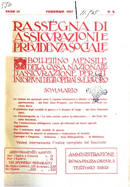 Rassegna di assicurazioni e previdenza sociale bollettino mensile della Cassa nazionale d'assicurazione per gli infortuni degli operai sul lavoro