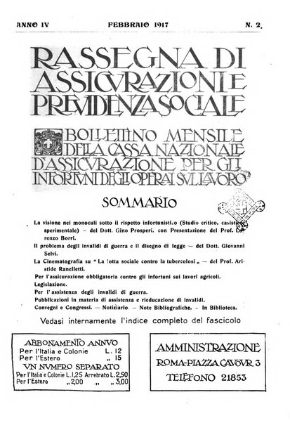 Rassegna di assicurazioni e previdenza sociale bollettino mensile della Cassa nazionale d'assicurazione per gli infortuni degli operai sul lavoro