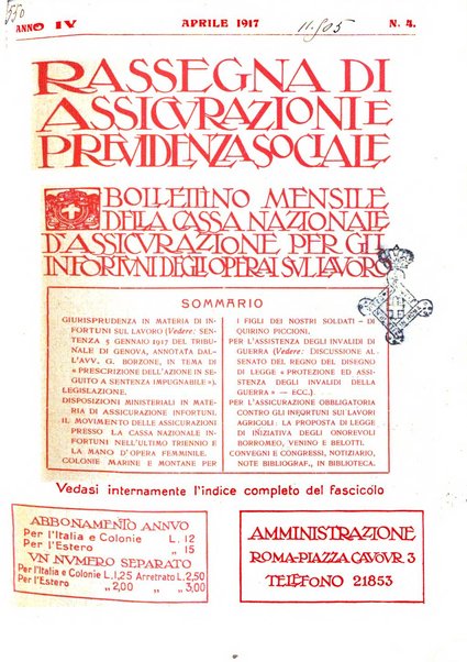 Rassegna di assicurazioni e previdenza sociale bollettino mensile della Cassa nazionale d'assicurazione per gli infortuni degli operai sul lavoro