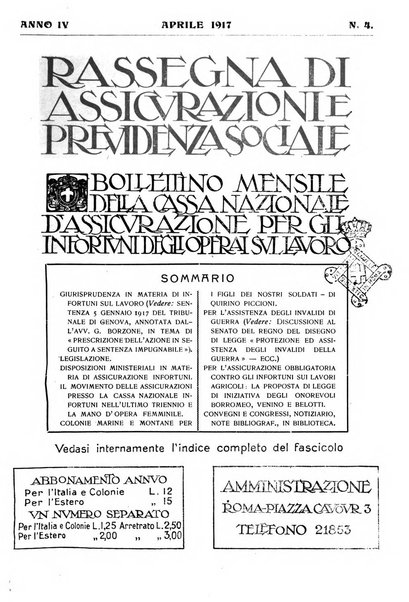 Rassegna di assicurazioni e previdenza sociale bollettino mensile della Cassa nazionale d'assicurazione per gli infortuni degli operai sul lavoro