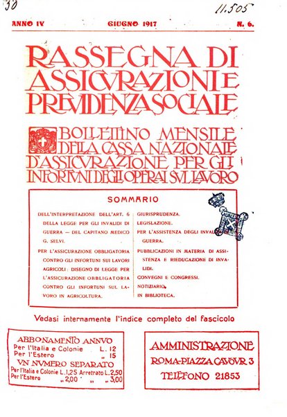 Rassegna di assicurazioni e previdenza sociale bollettino mensile della Cassa nazionale d'assicurazione per gli infortuni degli operai sul lavoro