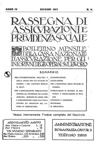 Rassegna di assicurazioni e previdenza sociale bollettino mensile della Cassa nazionale d'assicurazione per gli infortuni degli operai sul lavoro