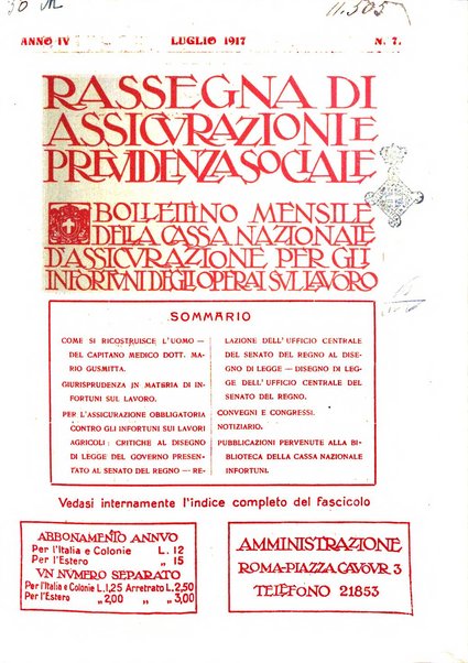 Rassegna di assicurazioni e previdenza sociale bollettino mensile della Cassa nazionale d'assicurazione per gli infortuni degli operai sul lavoro