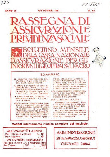 Rassegna di assicurazioni e previdenza sociale bollettino mensile della Cassa nazionale d'assicurazione per gli infortuni degli operai sul lavoro