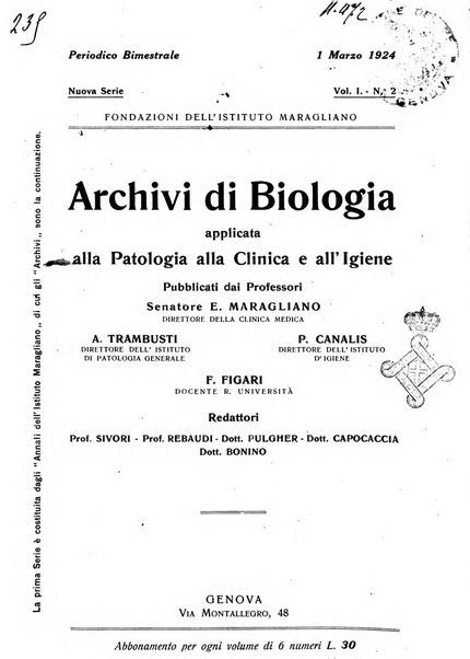 Archivi di biologia applicata alla patologia, alla clinica e all'igiene periodico bimestrale