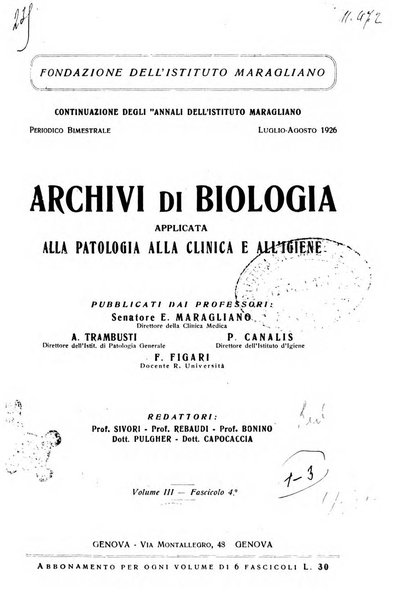 Archivi di biologia applicata alla patologia, alla clinica e all'igiene periodico bimestrale