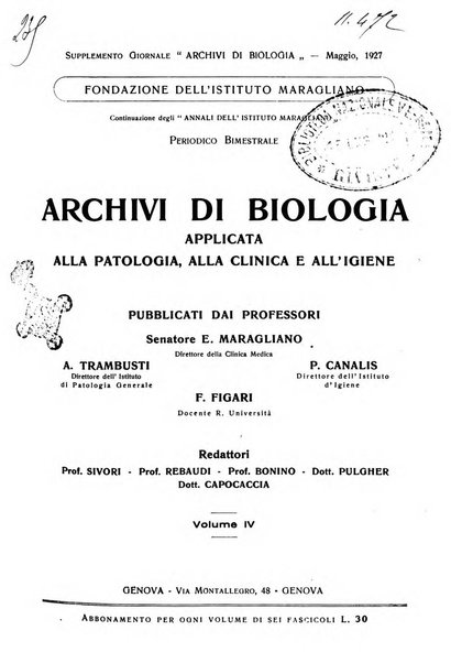 Archivi di biologia applicata alla patologia, alla clinica e all'igiene periodico bimestrale