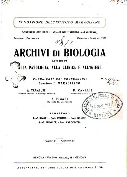 Archivi di biologia applicata alla patologia, alla clinica e all'igiene periodico bimestrale