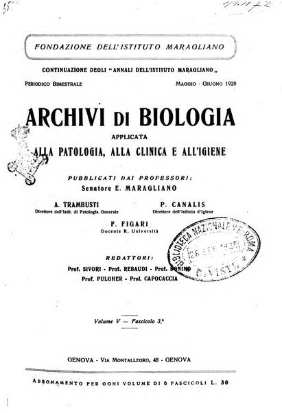 Archivi di biologia applicata alla patologia, alla clinica e all'igiene periodico bimestrale