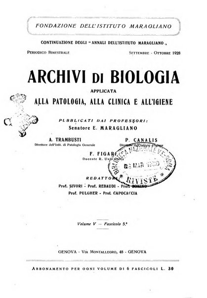 Archivi di biologia applicata alla patologia, alla clinica e all'igiene periodico bimestrale