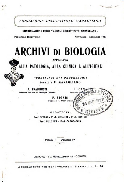 Archivi di biologia applicata alla patologia, alla clinica e all'igiene periodico bimestrale