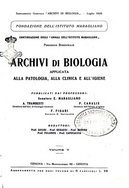 Archivi di biologia applicata alla patologia, alla clinica e all'igiene periodico bimestrale