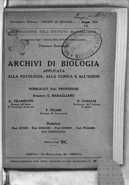 Archivi di biologia applicata alla patologia, alla clinica e all'igiene periodico bimestrale