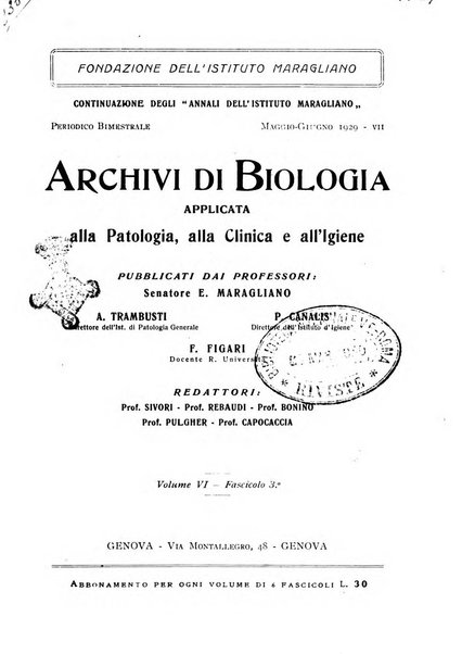 Archivi di biologia applicata alla patologia, alla clinica e all'igiene periodico bimestrale