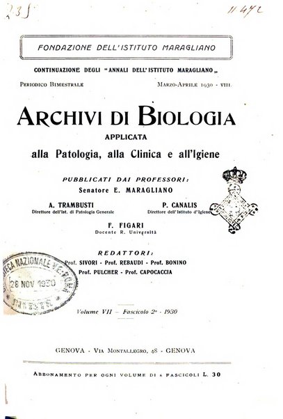 Archivi di biologia applicata alla patologia, alla clinica e all'igiene periodico bimestrale