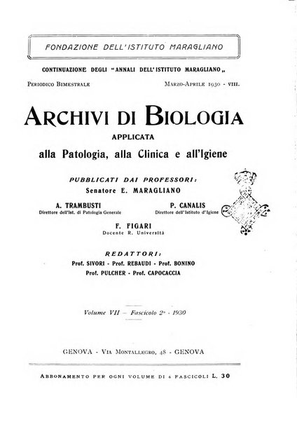 Archivi di biologia applicata alla patologia, alla clinica e all'igiene periodico bimestrale