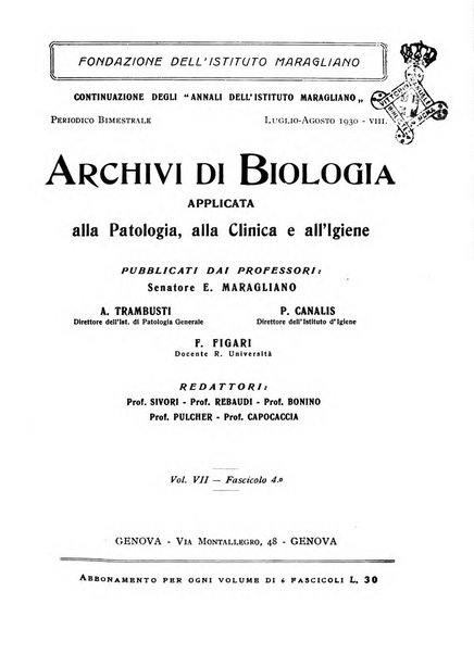 Archivi di biologia applicata alla patologia, alla clinica e all'igiene periodico bimestrale