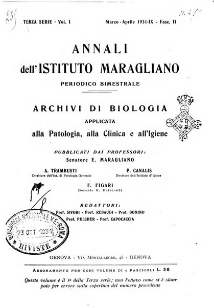 Annali dell'Istituto Maragliano archivi di biologia applicata alla patologia, alla clinica e all'igiene