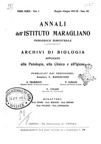 Annali dell'Istituto Maragliano archivi di biologia applicata alla patologia, alla clinica e all'igiene