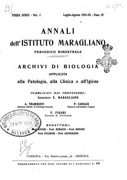 Annali dell'Istituto Maragliano archivi di biologia applicata alla patologia, alla clinica e all'igiene