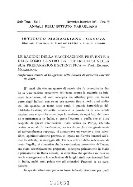 Annali dell'Istituto Maragliano archivi di biologia applicata alla patologia, alla clinica e all'igiene