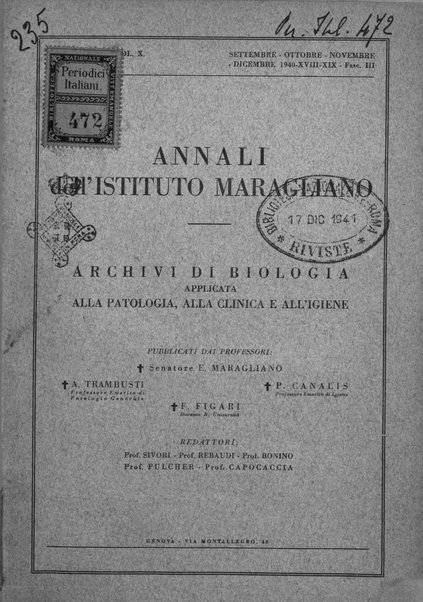 Annali dell'Istituto Maragliano archivi di biologia applicata alla patologia, alla clinica e all'igiene