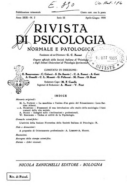 Rivista di psicologia normale e patologica Organo della Societa Italiana di Psicologia