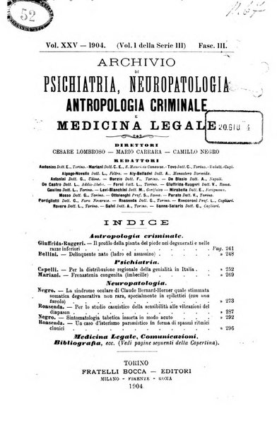 Archivio di psichiatria, neuropatologia, antropologia criminale e medicina legale