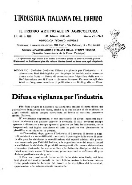 L'industria italiana del freddo periodico mensile, scientifico, tecnico, economico, sindacale