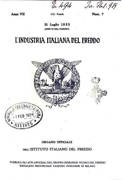 L'industria italiana del freddo periodico mensile, scientifico, tecnico, economico, sindacale