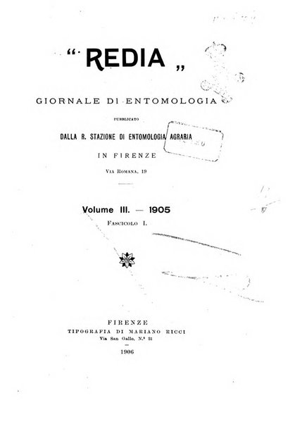 Redia giornale di entomologia pubblicato dalla R. Stazione di entomologia agraria