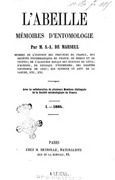 L'abeille memoires d'entomologie