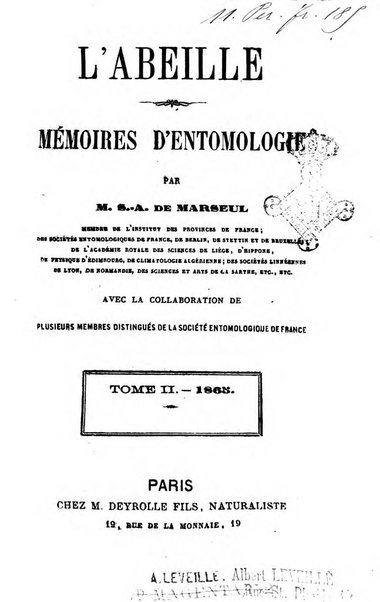 L'abeille memoires d'entomologie