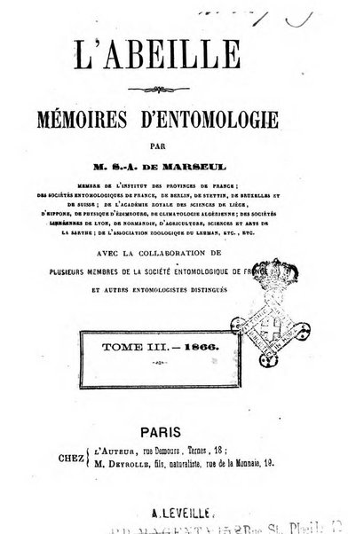 L'abeille memoires d'entomologie