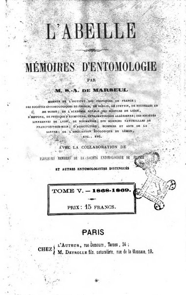 L'abeille memoires d'entomologie