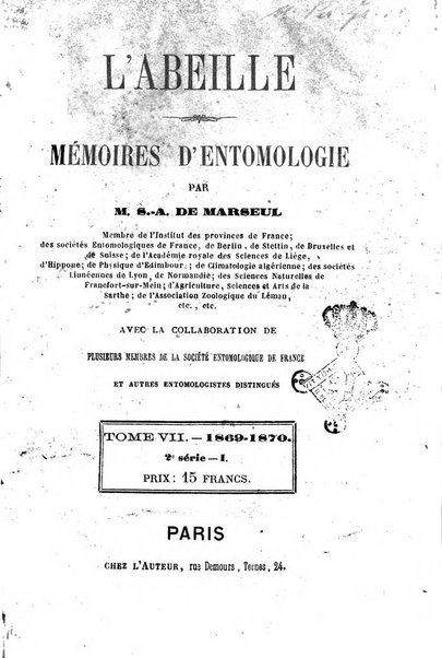 L'abeille memoires d'entomologie