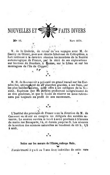 L'abeille memoires d'entomologie