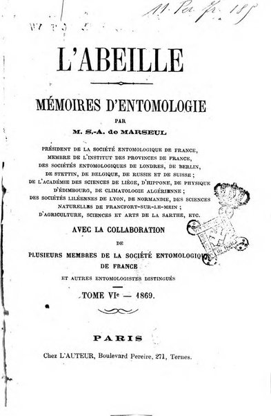 L'abeille memoires d'entomologie